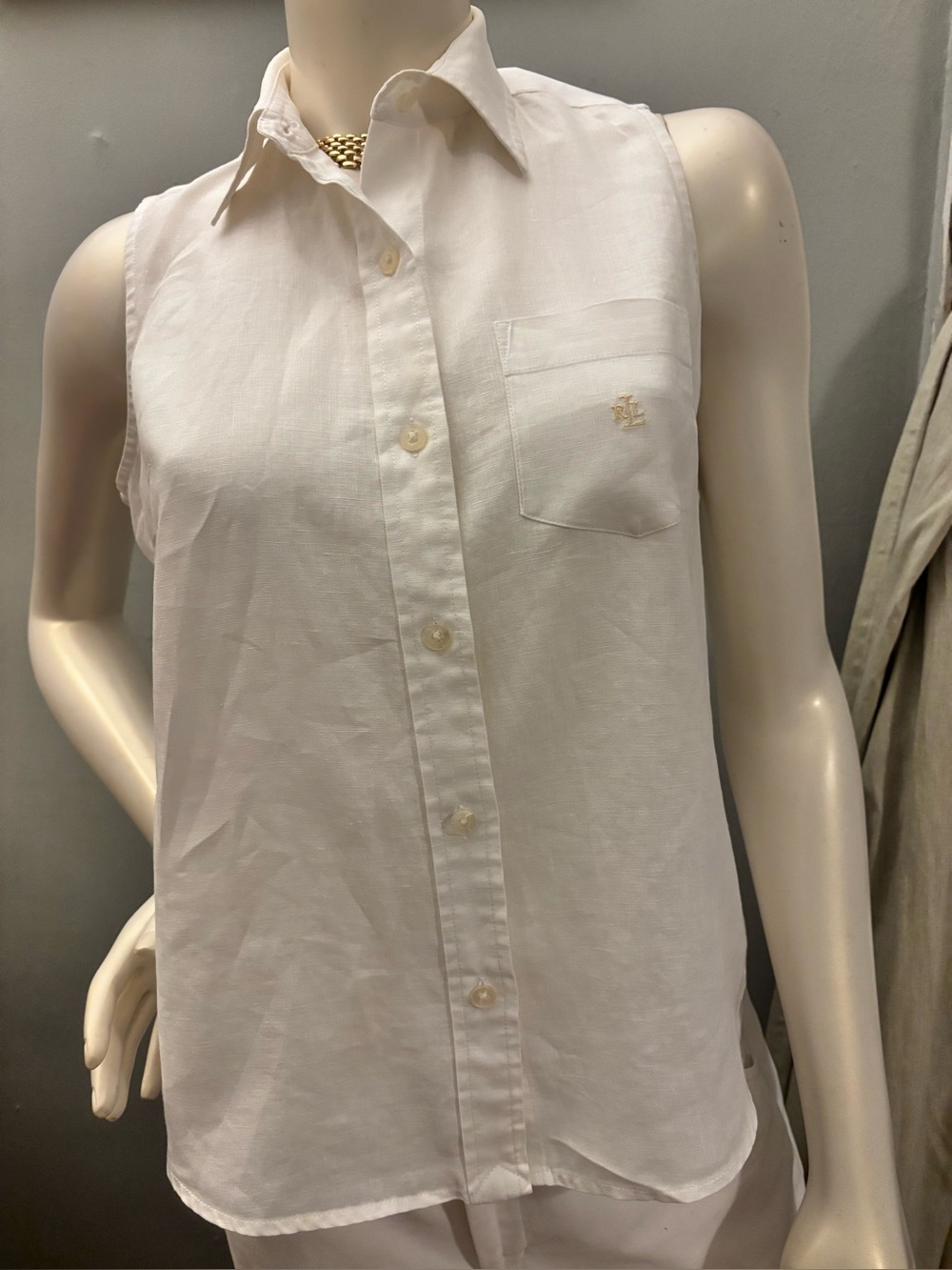 Ralph Lauren Linen Sleeveless White Button-Down Shirt